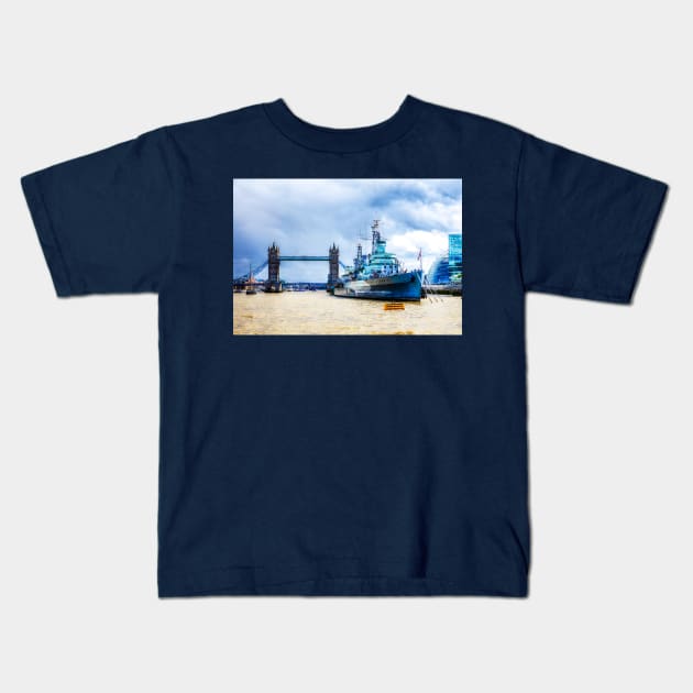 HMS Belfast And Tower bridge, London Kids T-Shirt by tommysphotos